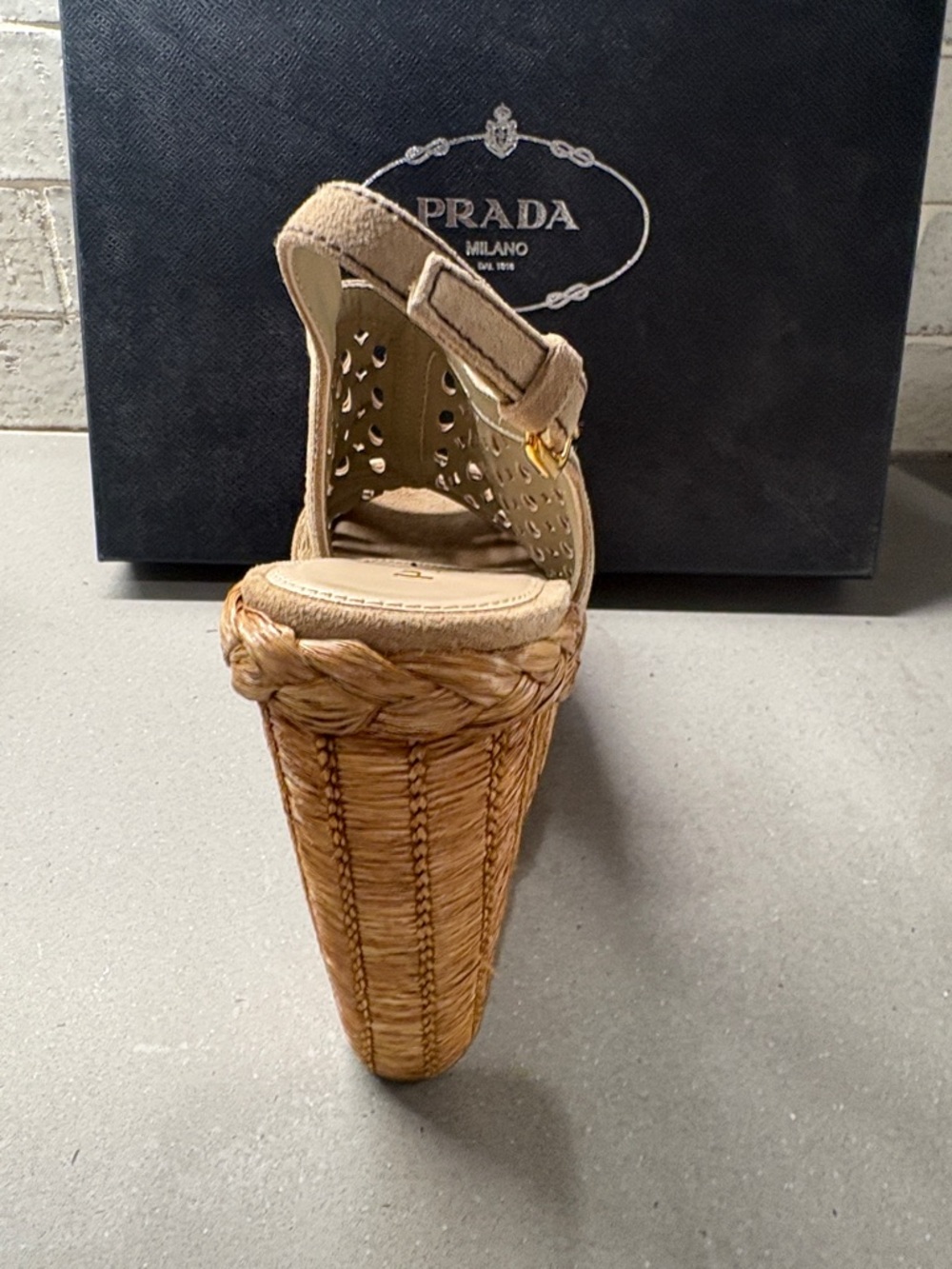 Prada Tan Suede Laser-Cut Wedge Sandals - Picture 4 of 6